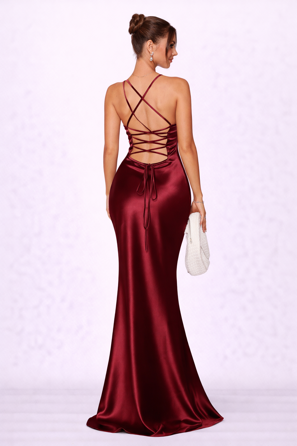 Elise Satin Lace-Up Maxi Dress - Burgundy