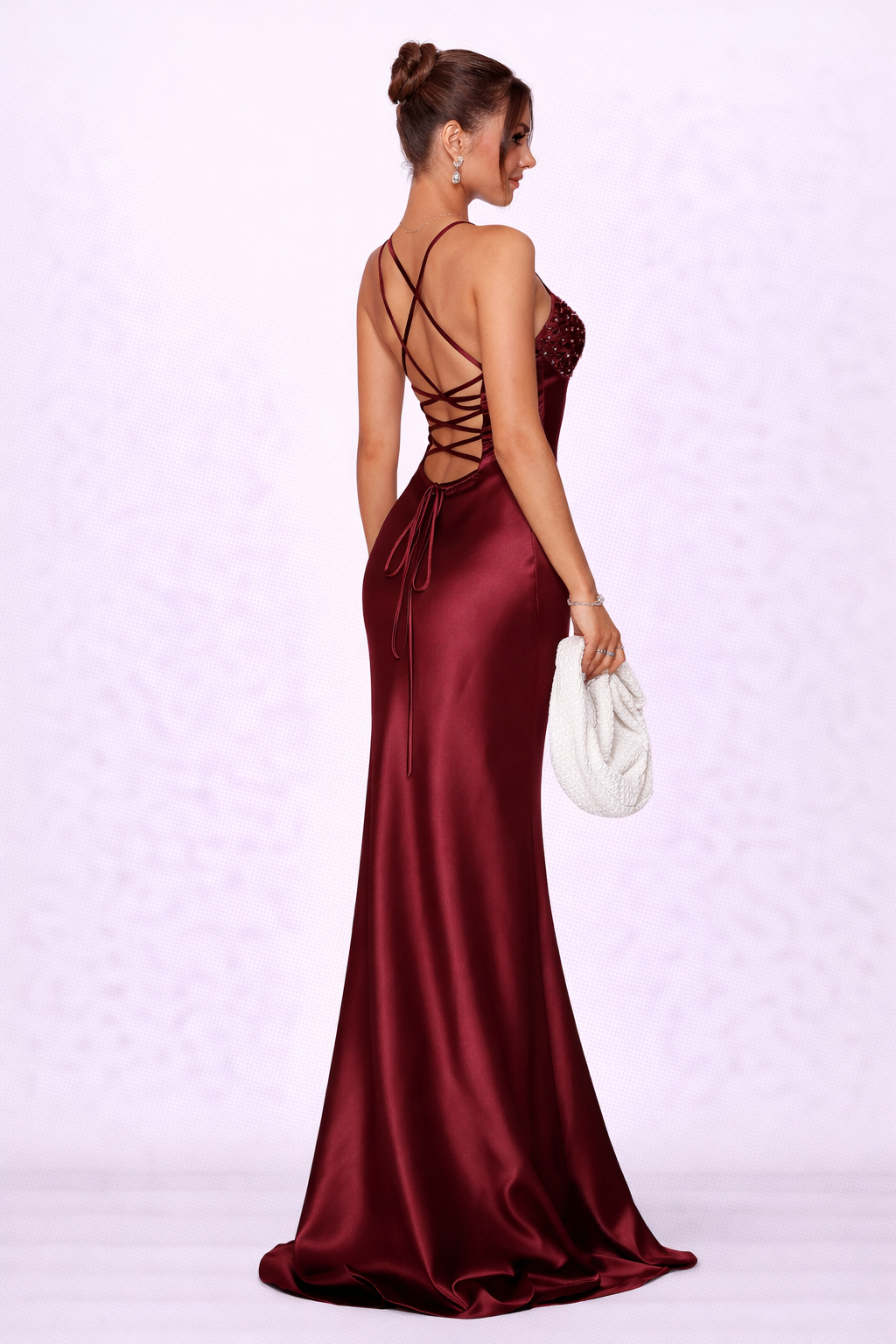 Elise Satin Lace-Up Maxi Dress - Burgundy