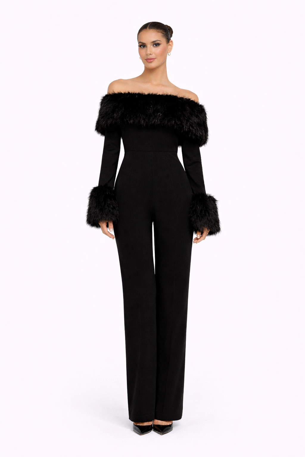 Grace Feather-Trim Off-Shoulder Jumpsuit