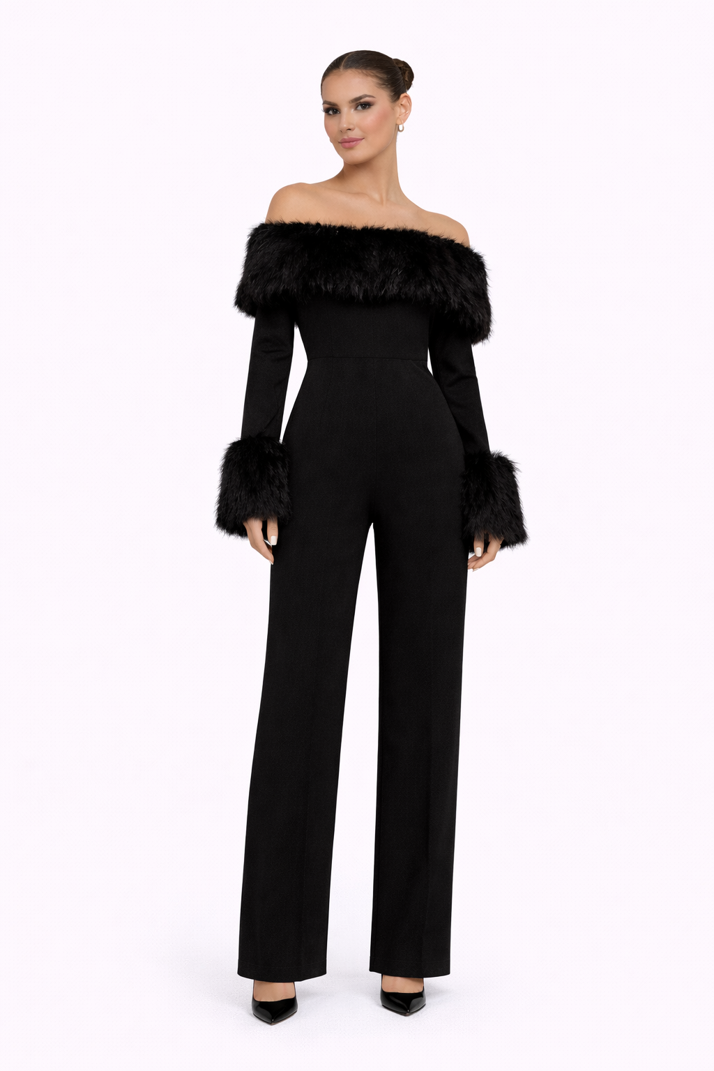Grace Feather-Trim Off-Shoulder Jumpsuit