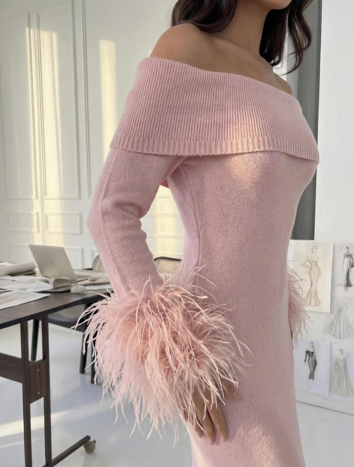 Rosette Feather Knit Midi Dress