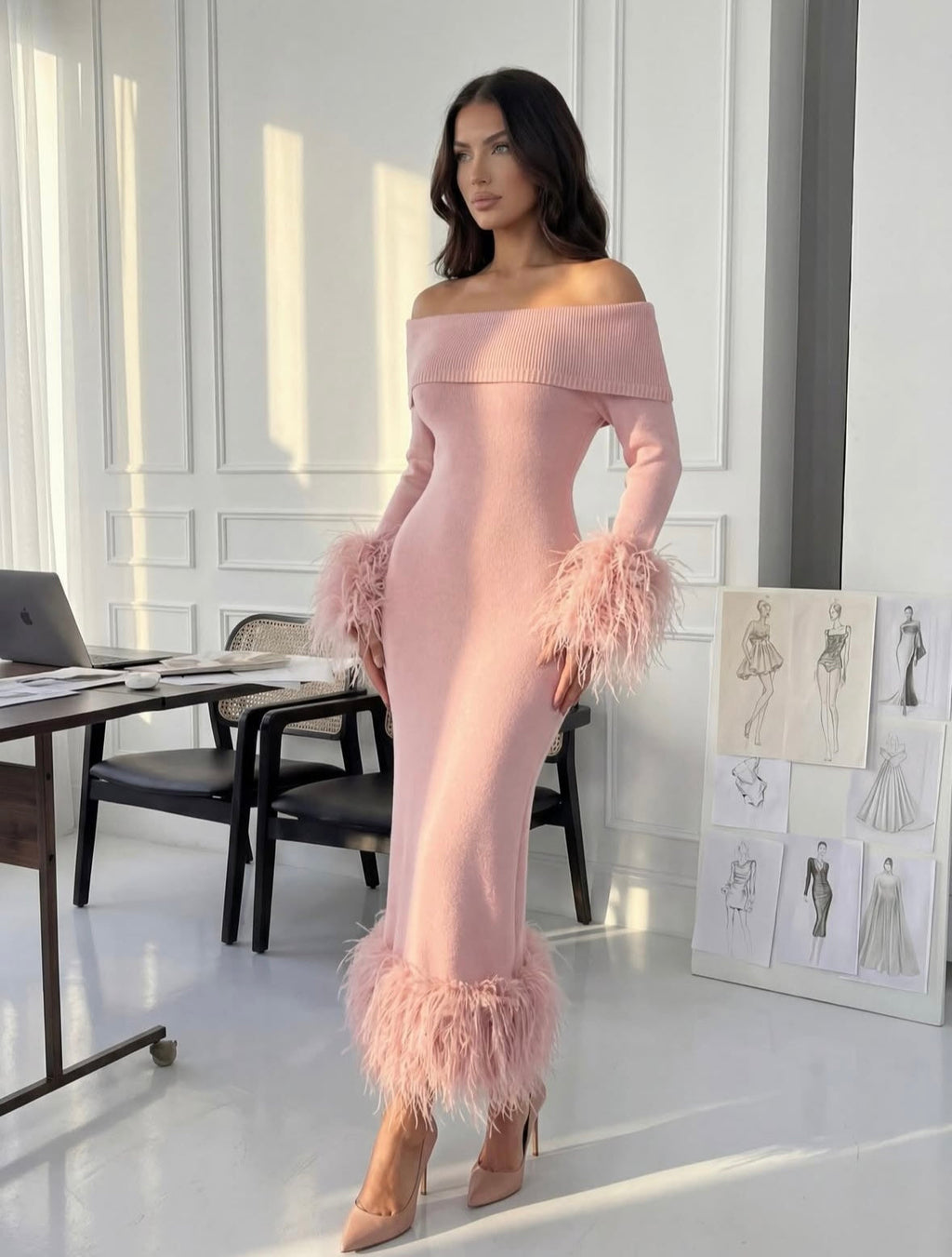 Rosette Feather Knit Midi Dress