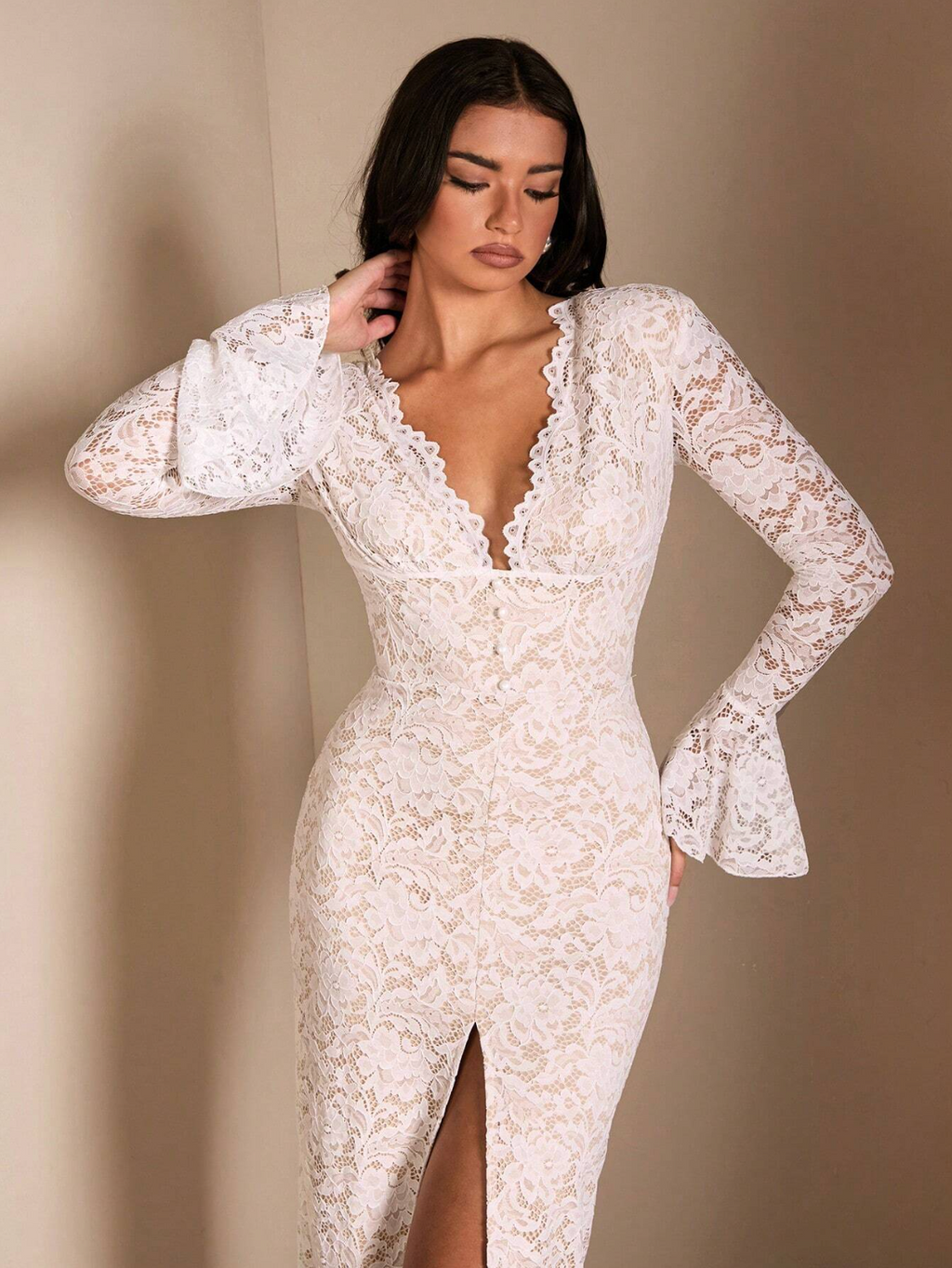 White Lace Slit Gown