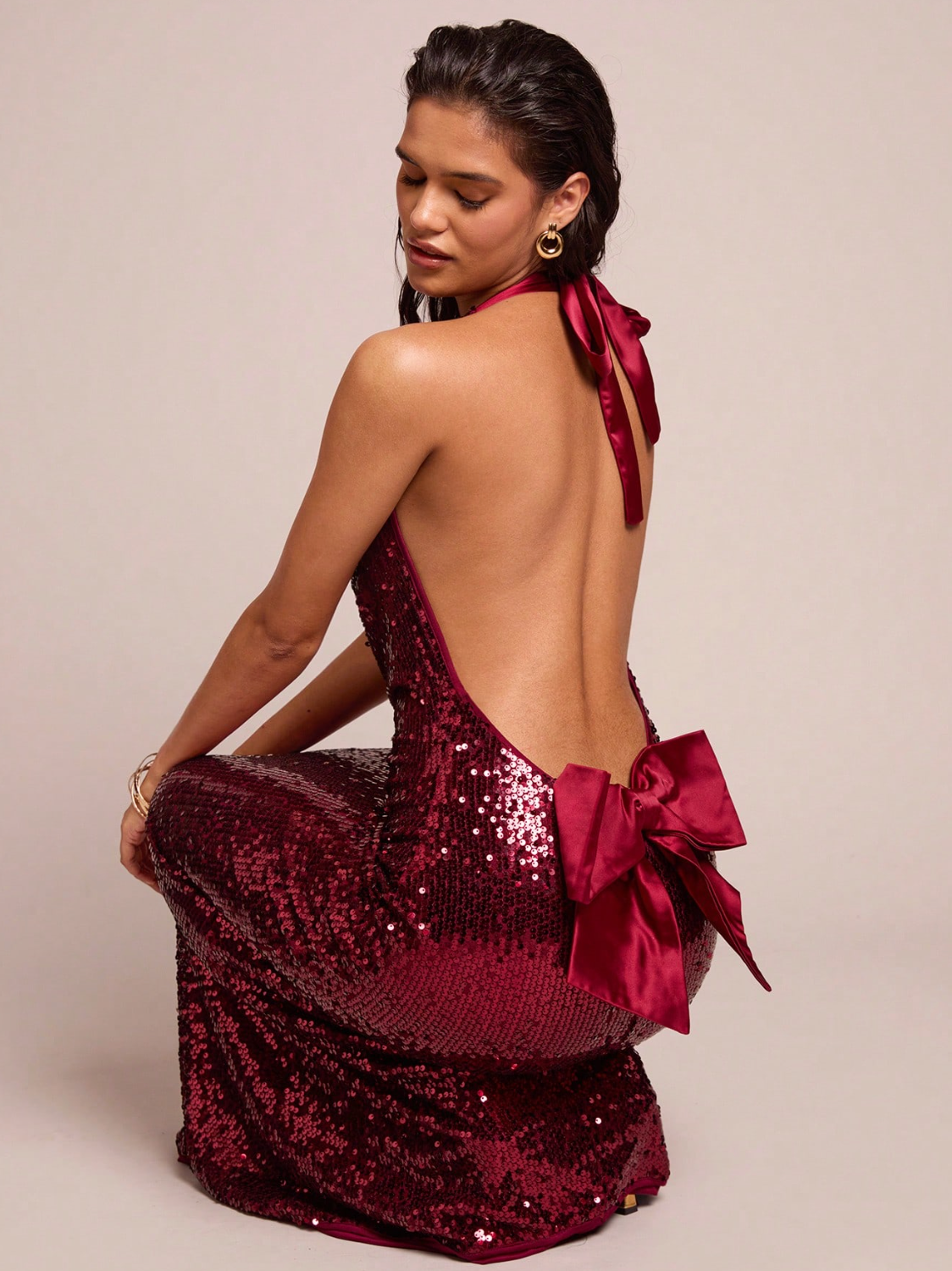 Sequin Halter Gown With Back Bow