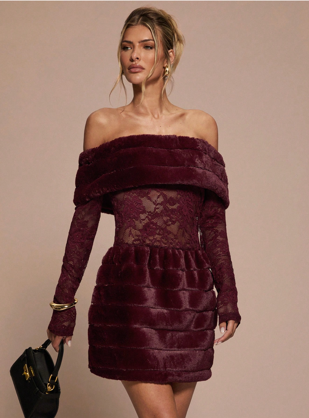 Off-Shoulder Faux Fur &amp; Lace Mini Dress