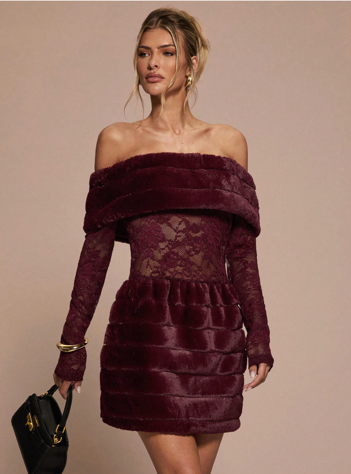 Off-Shoulder Faux Fur &amp; Lace Mini Dress