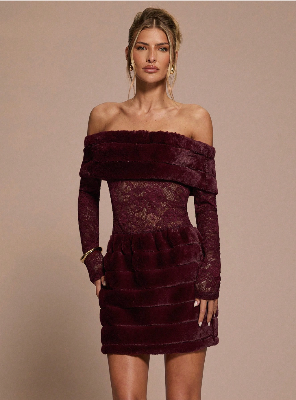 Off-Shoulder Faux Fur &amp; Lace Mini Dress