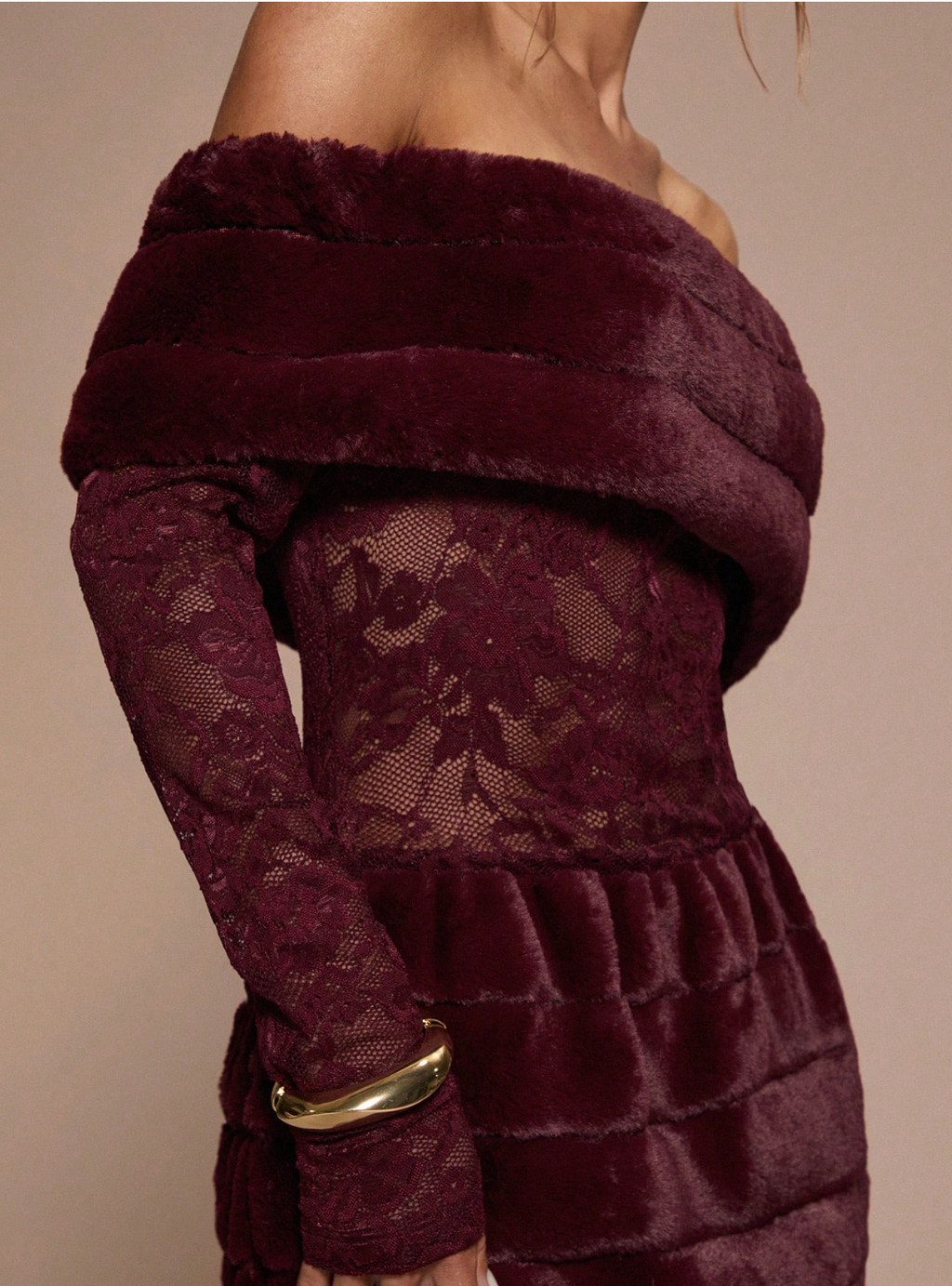 Off-Shoulder Faux Fur &amp; Lace Mini Dress