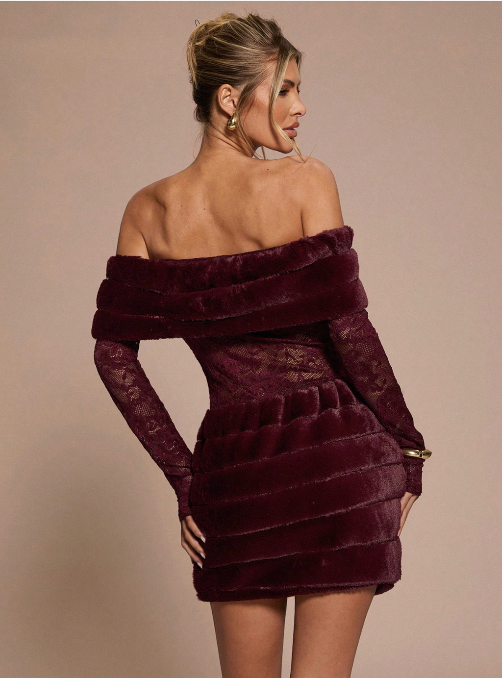 Off-Shoulder Faux Fur &amp; Lace Mini Dress