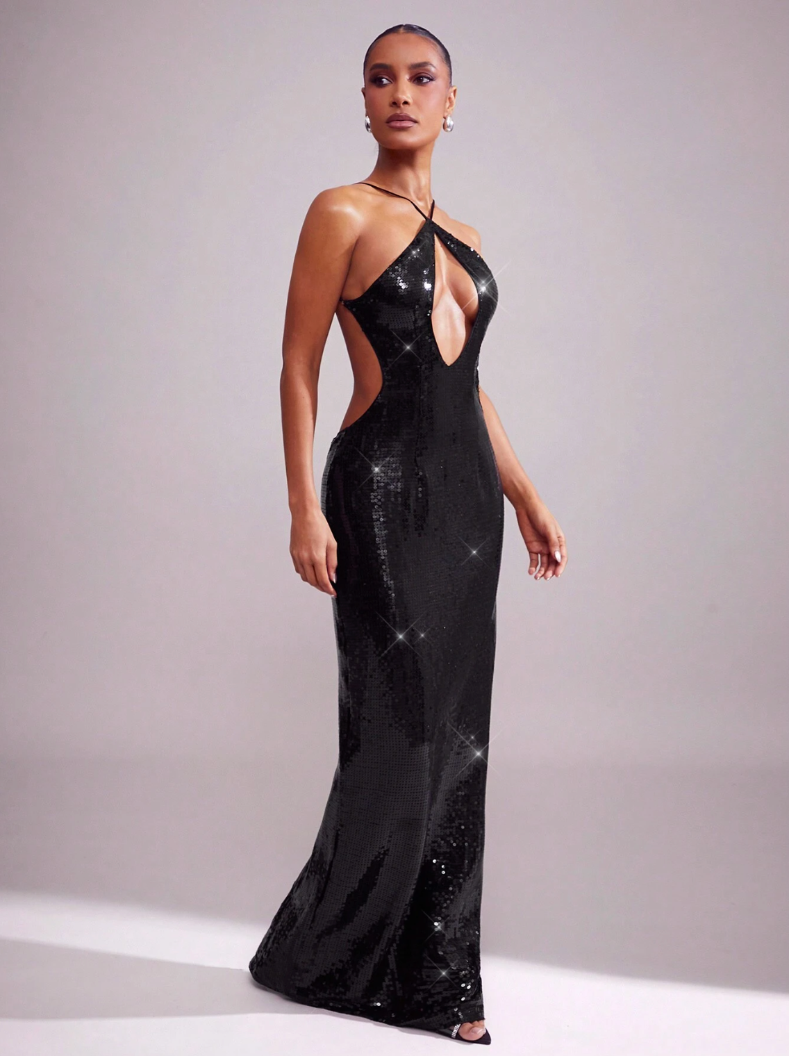 Kris Black Sequin Cut-Out Halter Gown